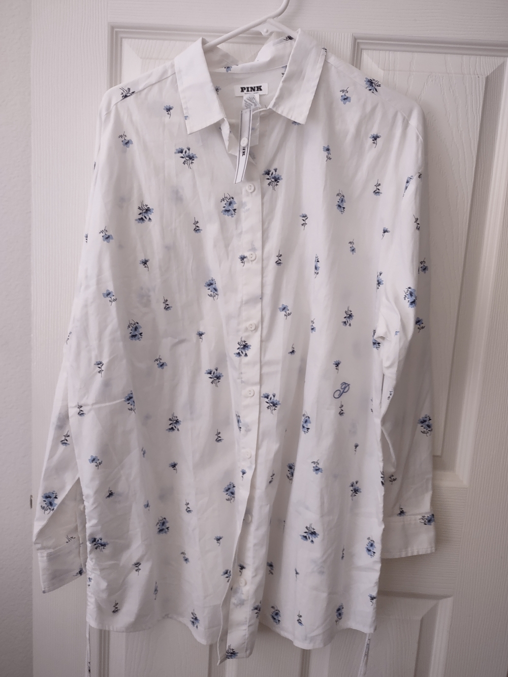 Victoria's Secret PINK Cotton Poplin Cover Up Shirt White Blue Floral M